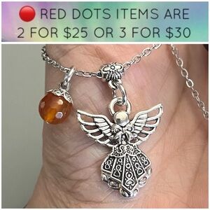 🔴Orange carnelian bead angel charm stainless steel boho gemstone necklace .
